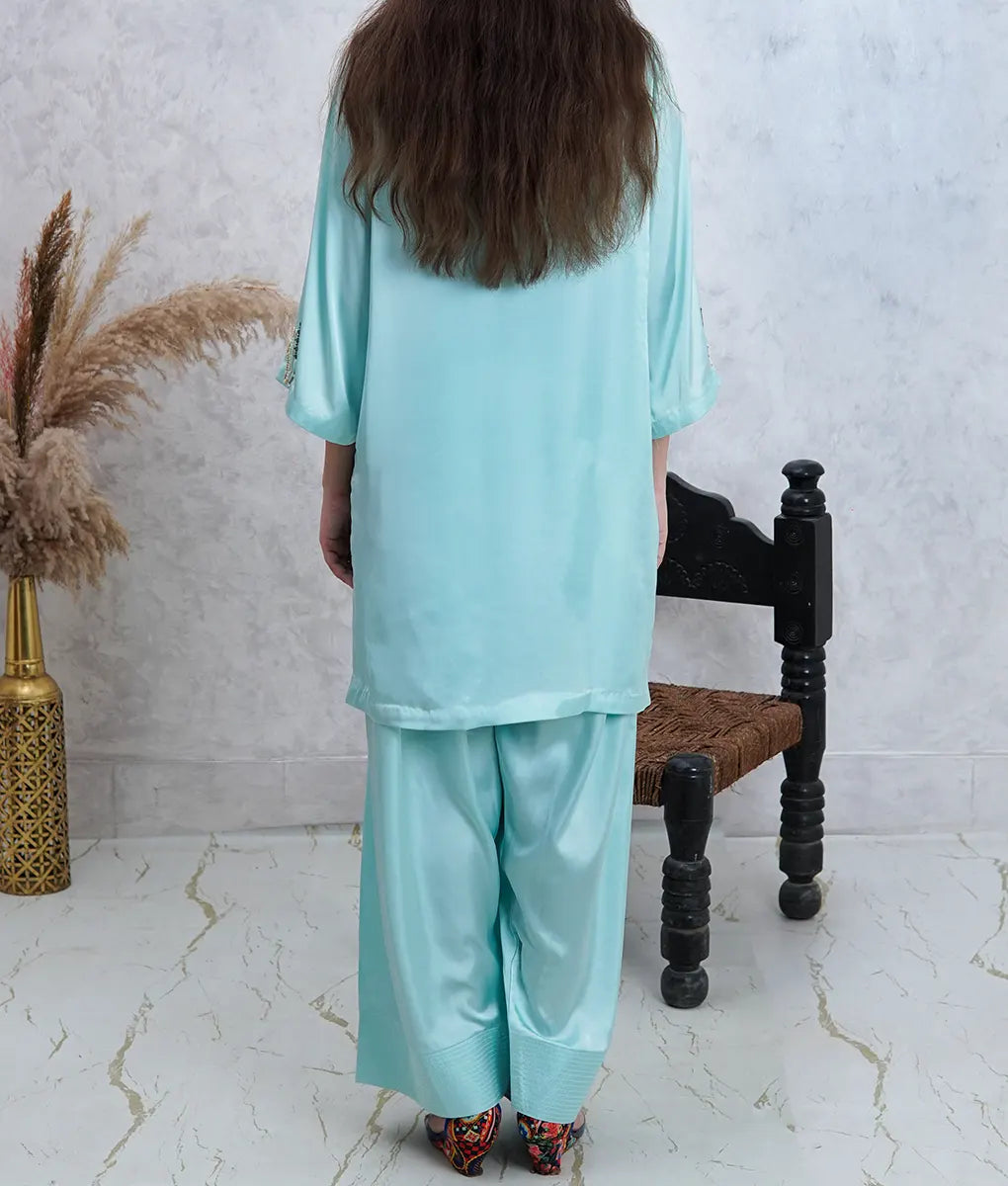 3 Piece Light Green Embroidered Silk Suit by Winara