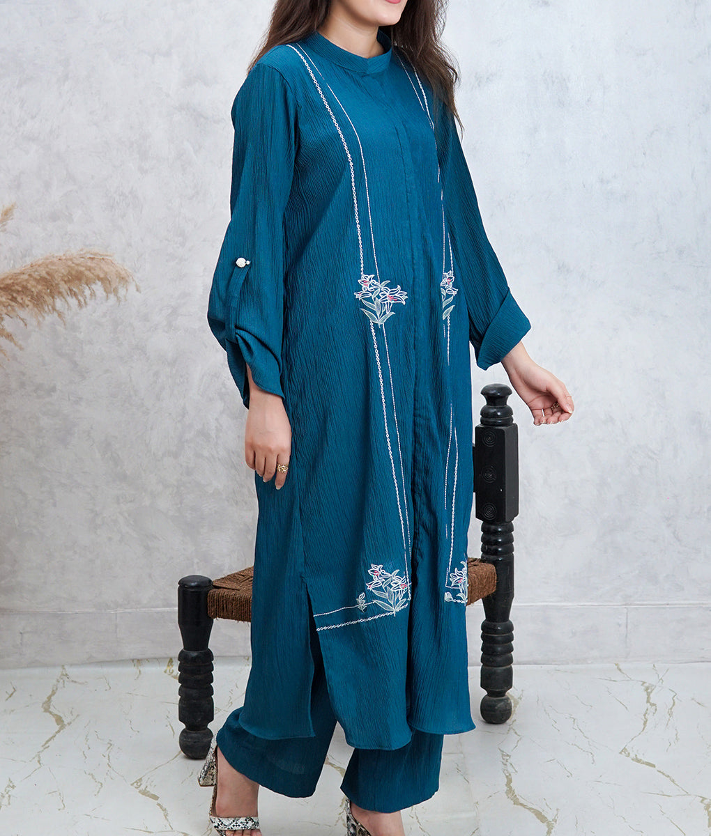2 Piece Stone Blue Embroidered Co-Ord Set by Winara
