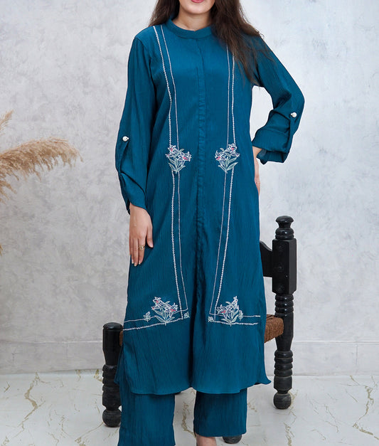 2 Piece Stone Blue Embroidered Co-Ord Set by Winara