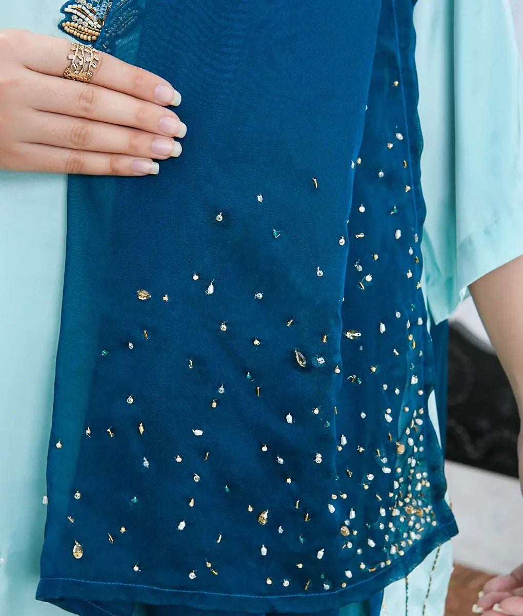 3 Piece Light Green Embroidered Silk Suit by Winara