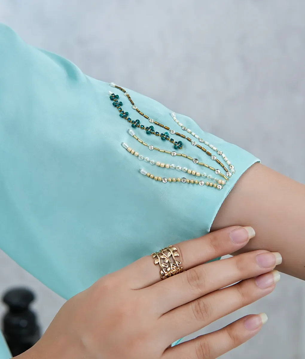 3 Piece Light Green Embroidered Silk Suit by Winara