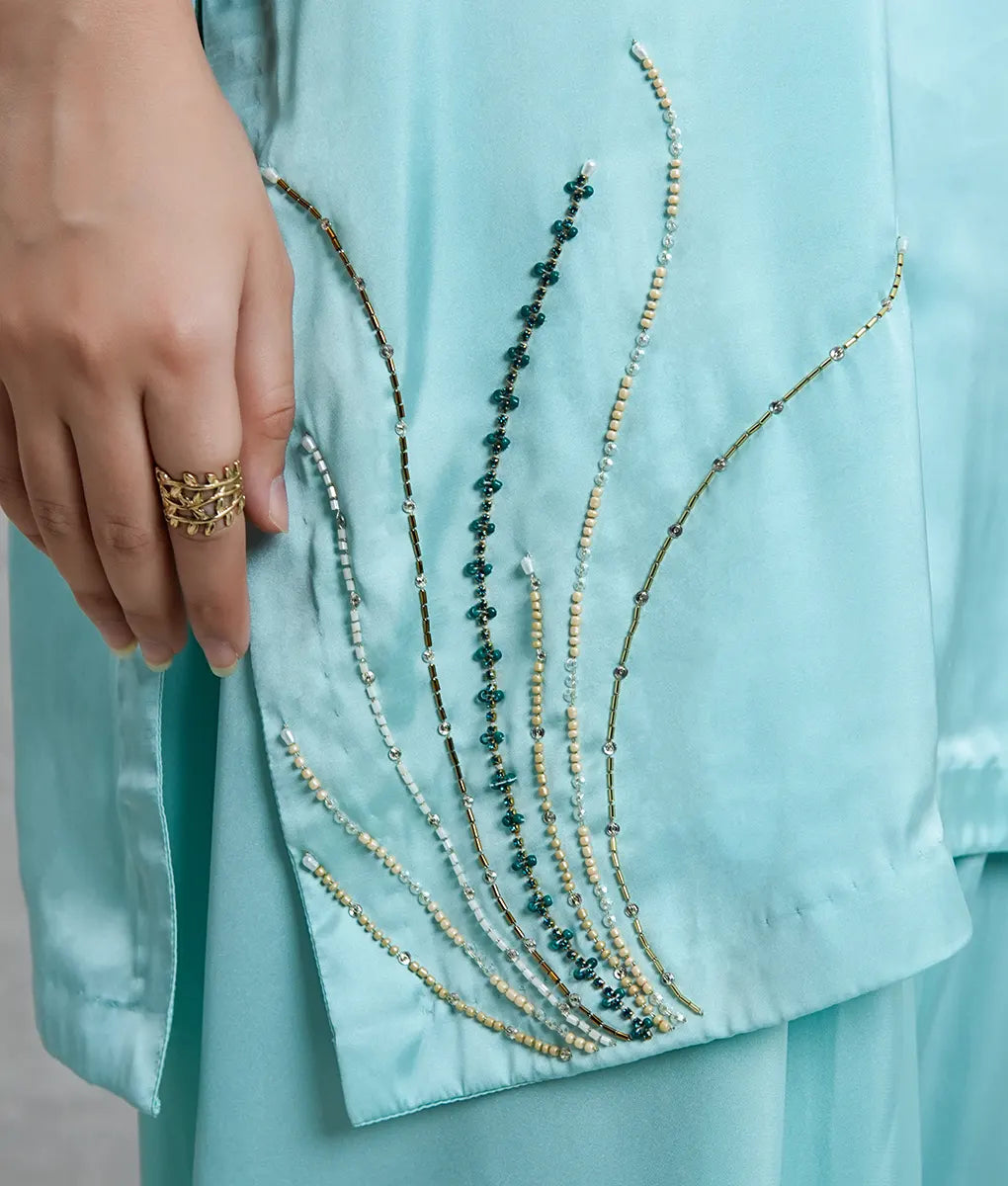 3 Piece Light Green Embroidered Silk Suit by Winara