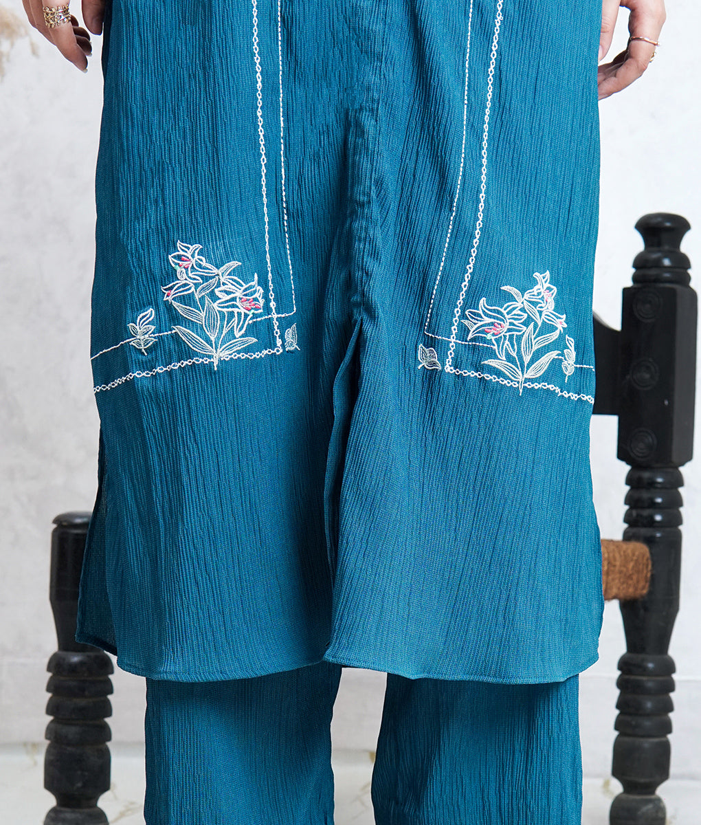 2 Piece Stone Blue Embroidered Co-Ord Set by Winara