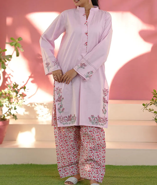 Embroidered Pink Co-ord with Printed Trouser By Winara