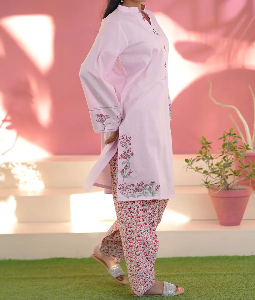 Embroidered Pink Co-ord with Printed Trouser By Winara