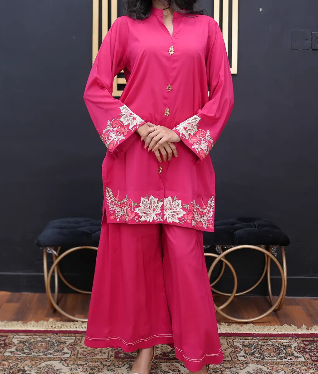 Fuchsia Floral Embroidered Co-Ord Set by Winara