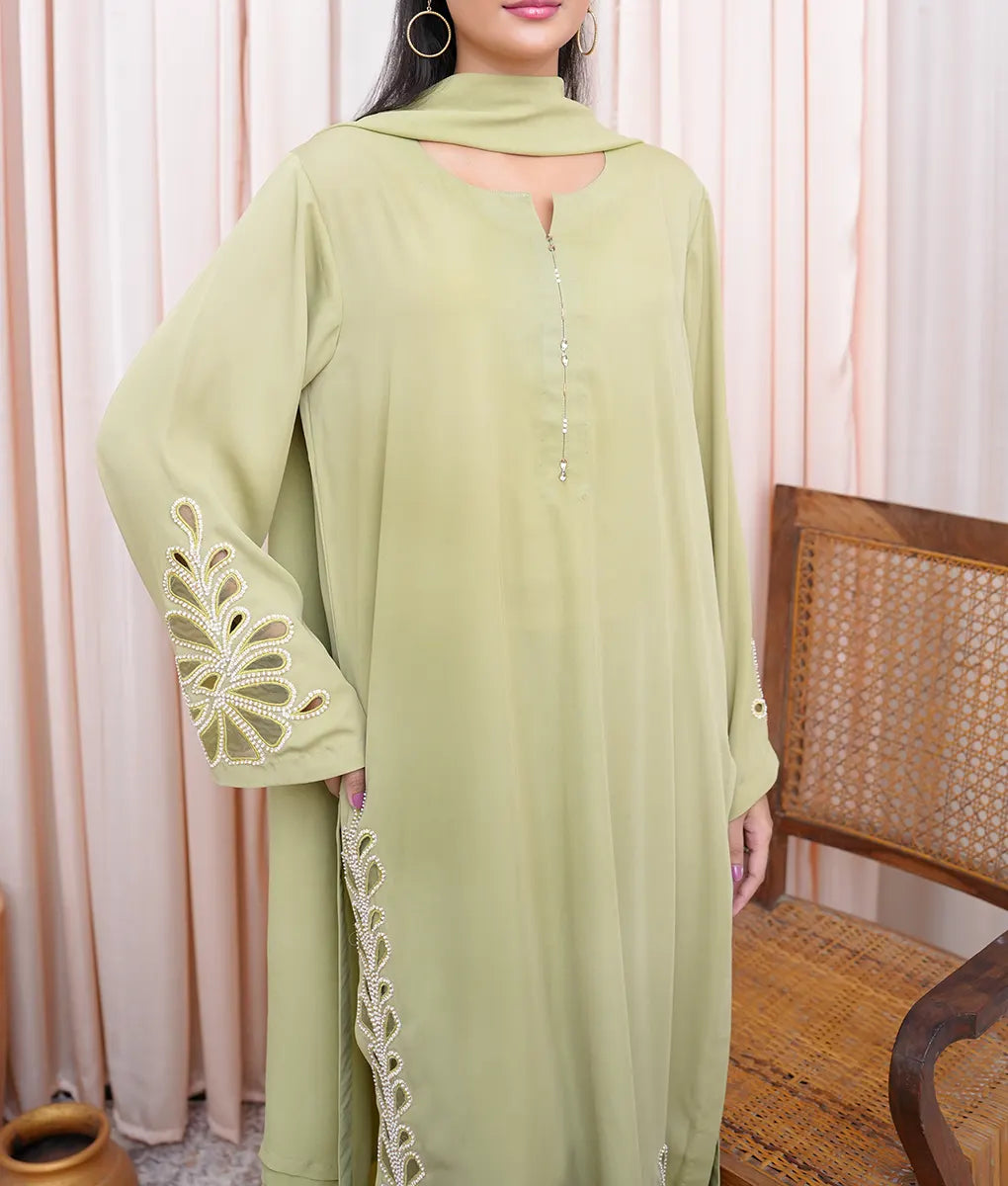 Graceful Green Hand-Embellished Ensemble by Winara