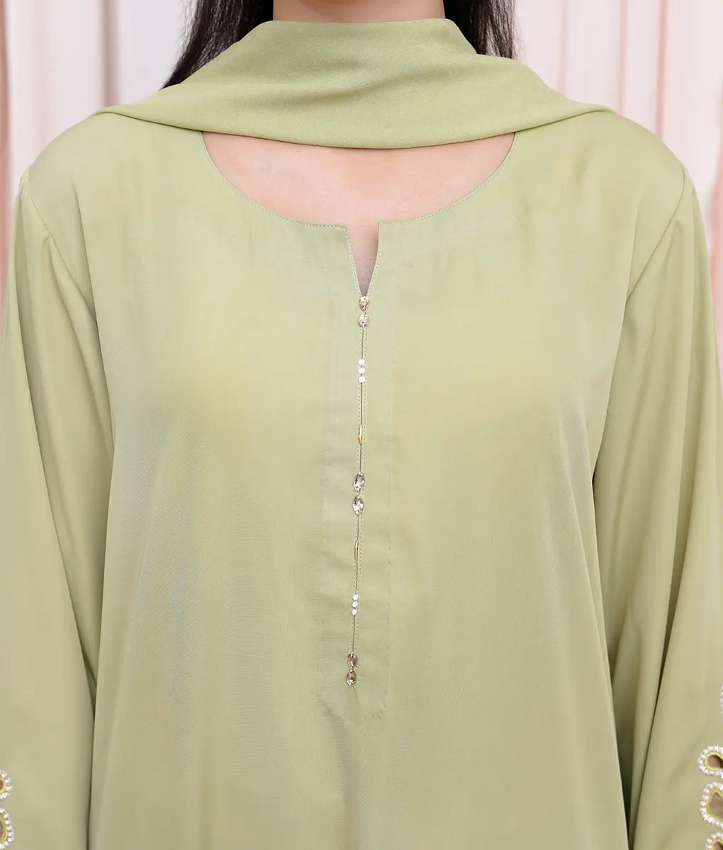 Graceful Green Hand-Embellished Ensemble by Winara