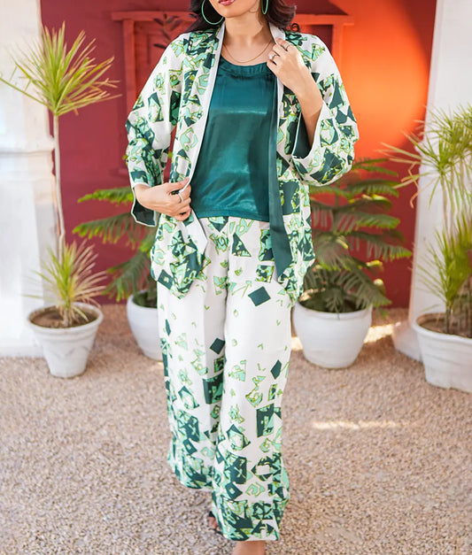 Green Geometric Co-Ord with Satin Top By Winara