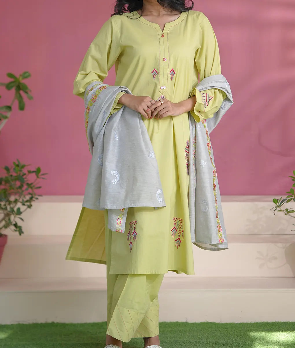 Lime Green Geometric Embroidered Suit By Winara