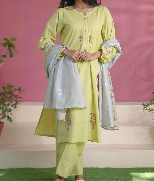 Lime Green Geometric Embroidered Suit By Winara