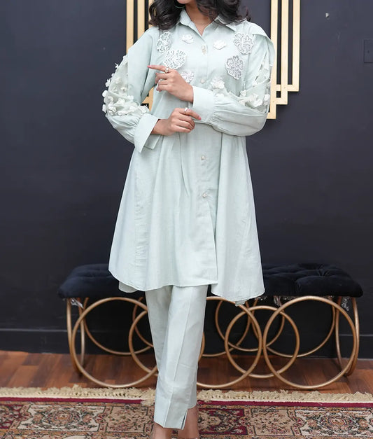Mint Blossom Embroidered Co-ord Set By Winara