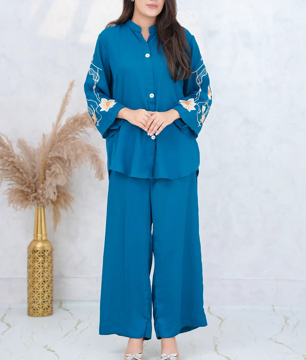 Stone Blue Floral-Sleeved Co-Ord Set by Winara