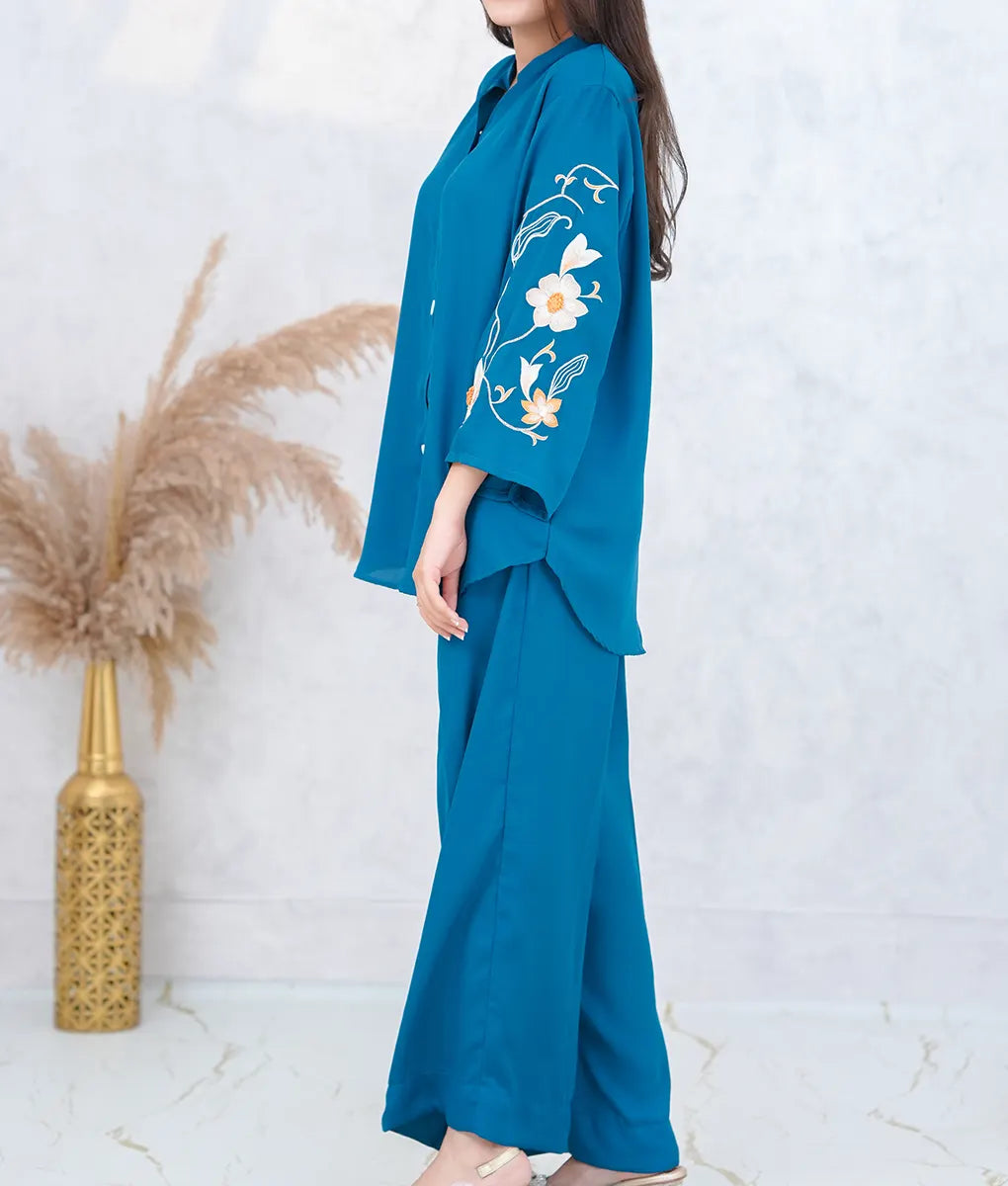 Stone Blue Floral-Sleeved Co-Ord Set by Winara