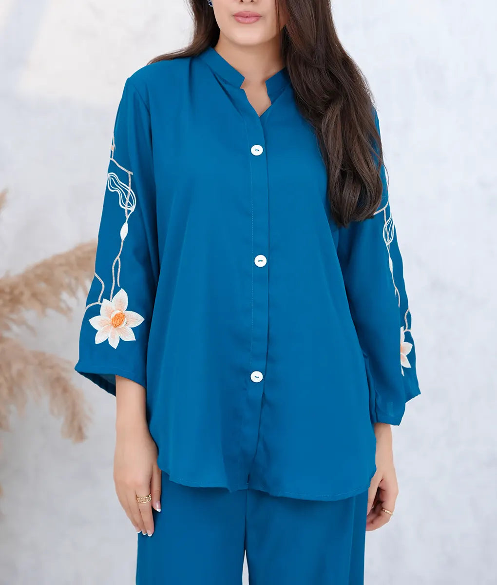 Stone Blue Floral-Sleeved Co-Ord Set by Winara