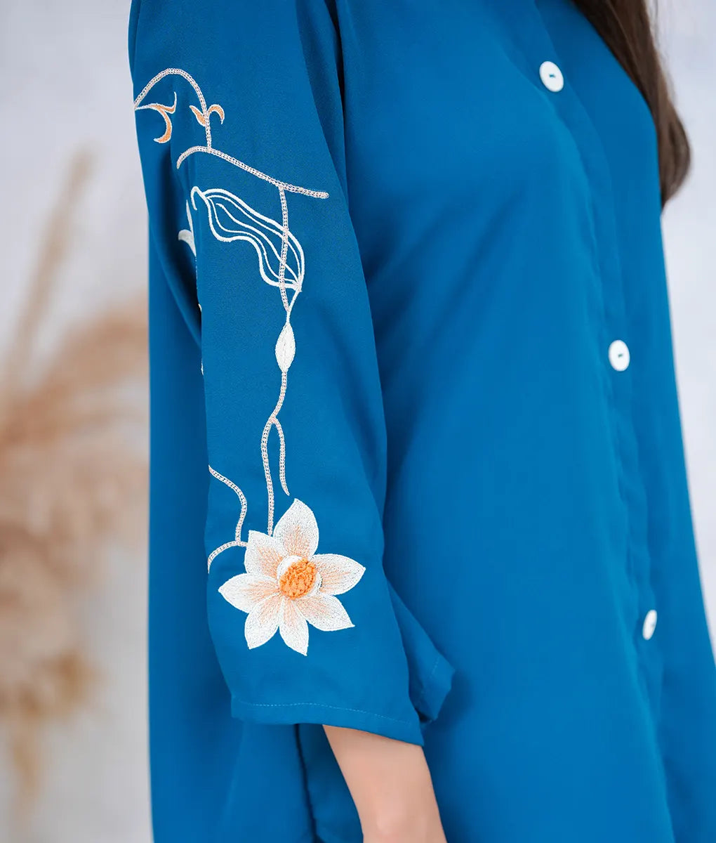 Stone Blue Floral-Sleeved Co-Ord Set by Winara