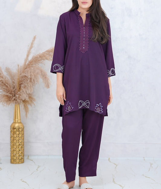 Stitched Embroidered & Embellished Co-Ord Set in Textured Double Georgette by Winara