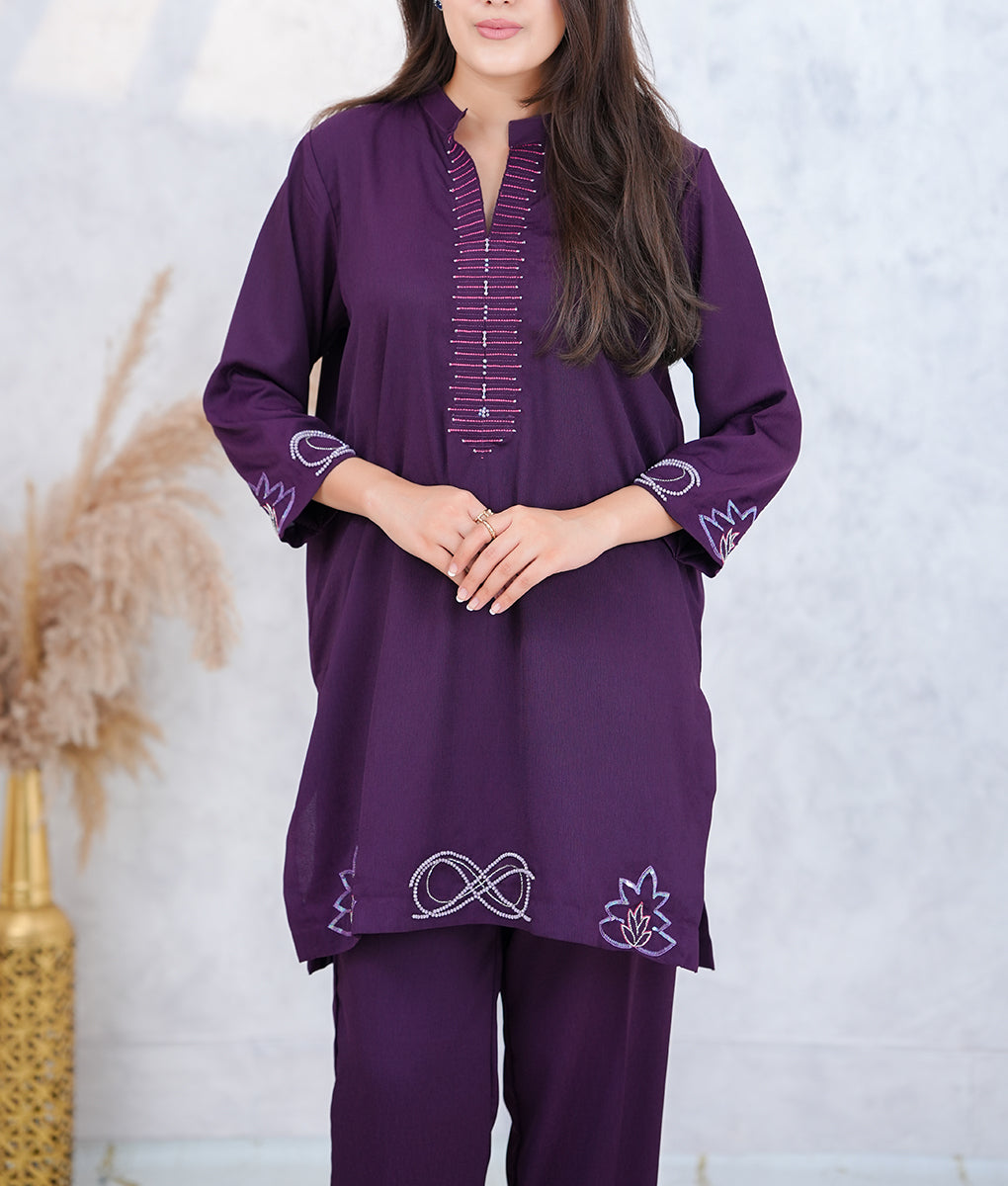 Stitched Embroidered & Embellished Co-Ord Set in Textured Double Georgette by Winara