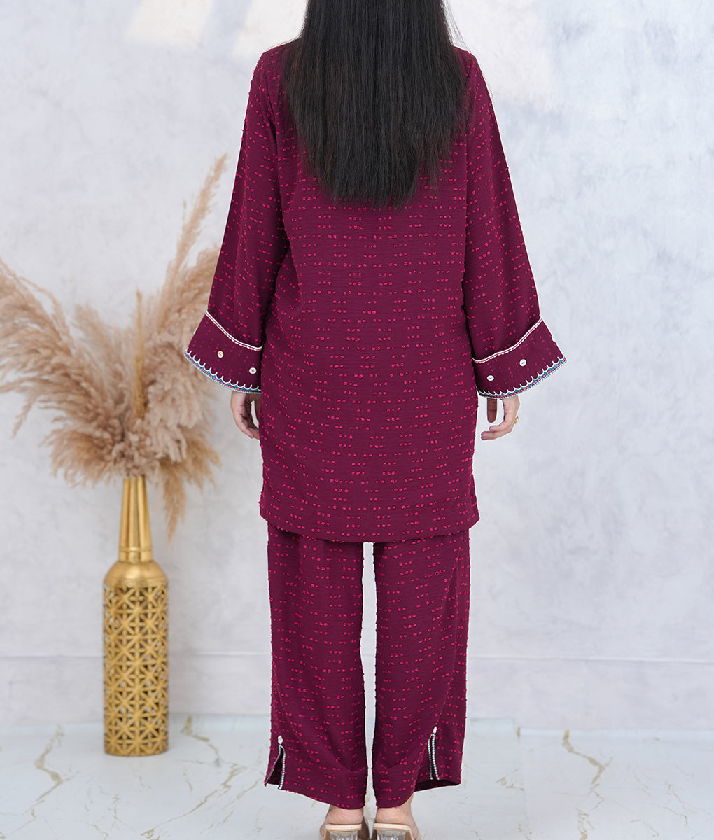 Stitched Embroidered Co-Ord Set in Textured Stretchable Fabric by Winara