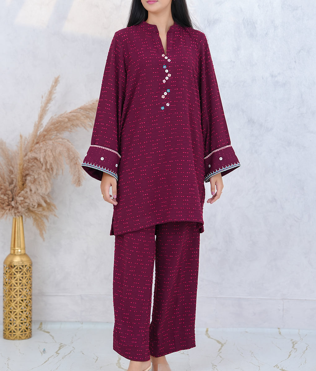 Stitched Embroidered Co-Ord Set in Textured Stretchable Fabric by Winara