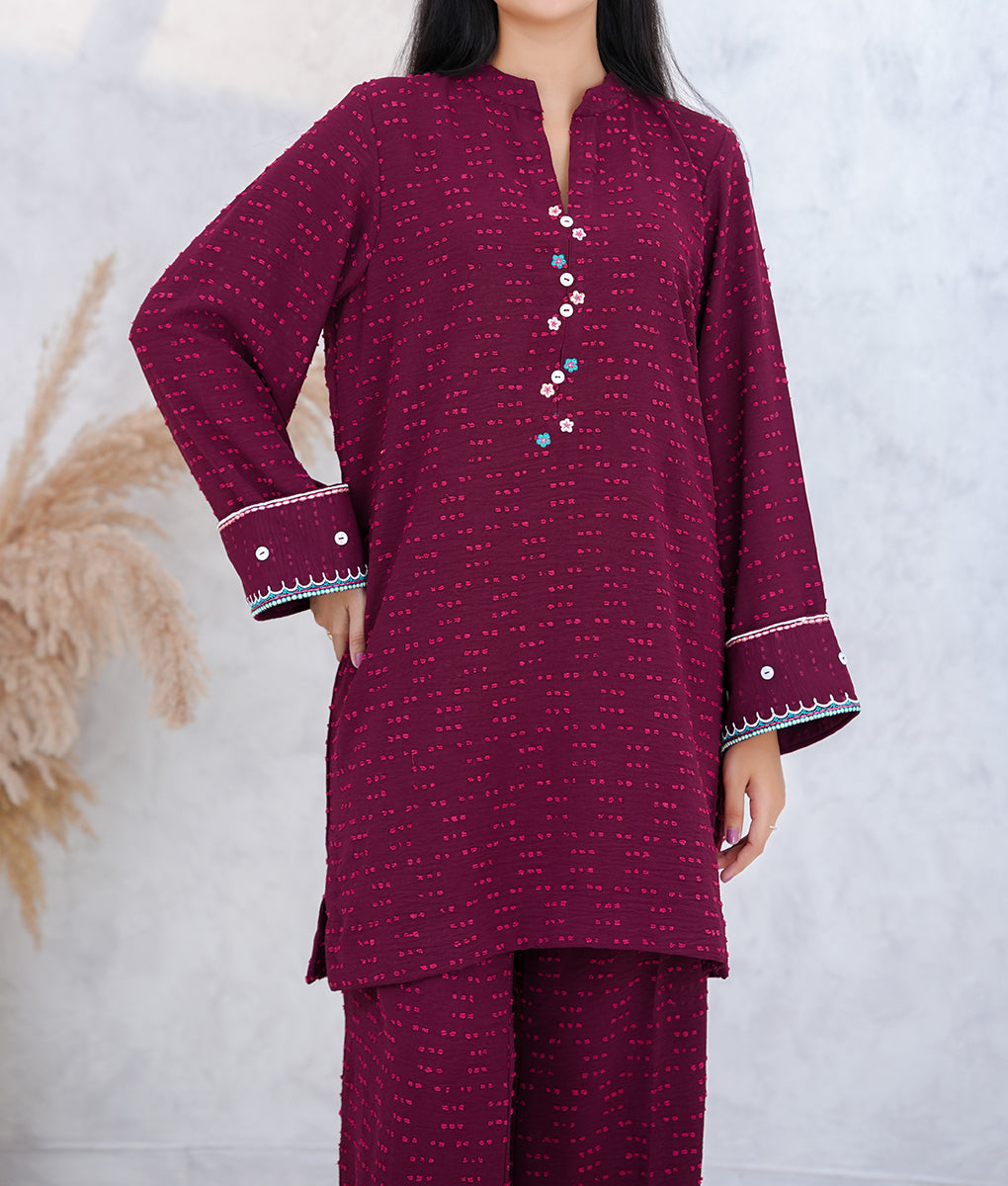 Stitched Embroidered Co-Ord Set in Textured Stretchable Fabric by Winara