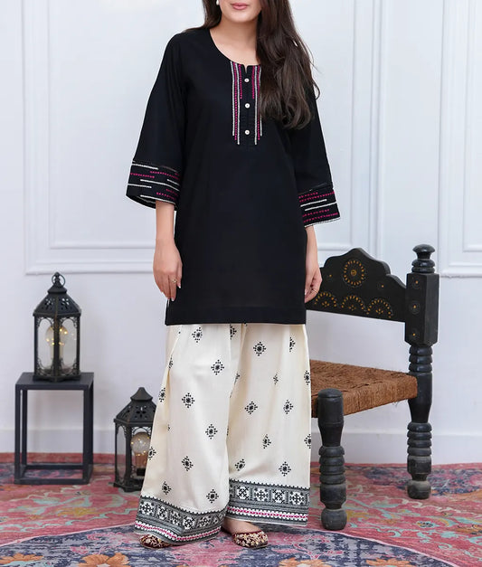 2 Piece Black & Off-White Textured Co-Ord Set by Winara