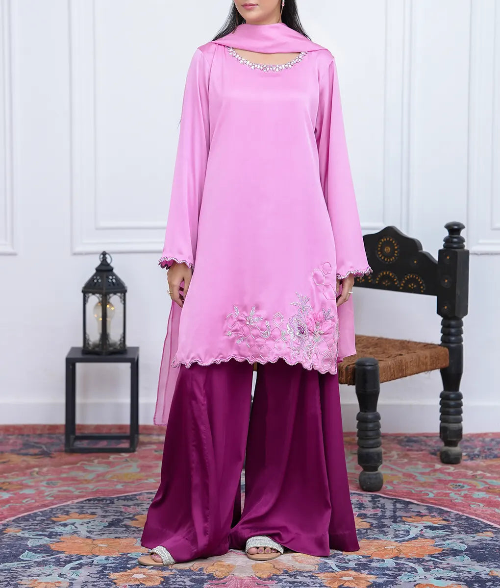 Stitched Embroidered & Embellished Shimmer Silk Suit by Winara