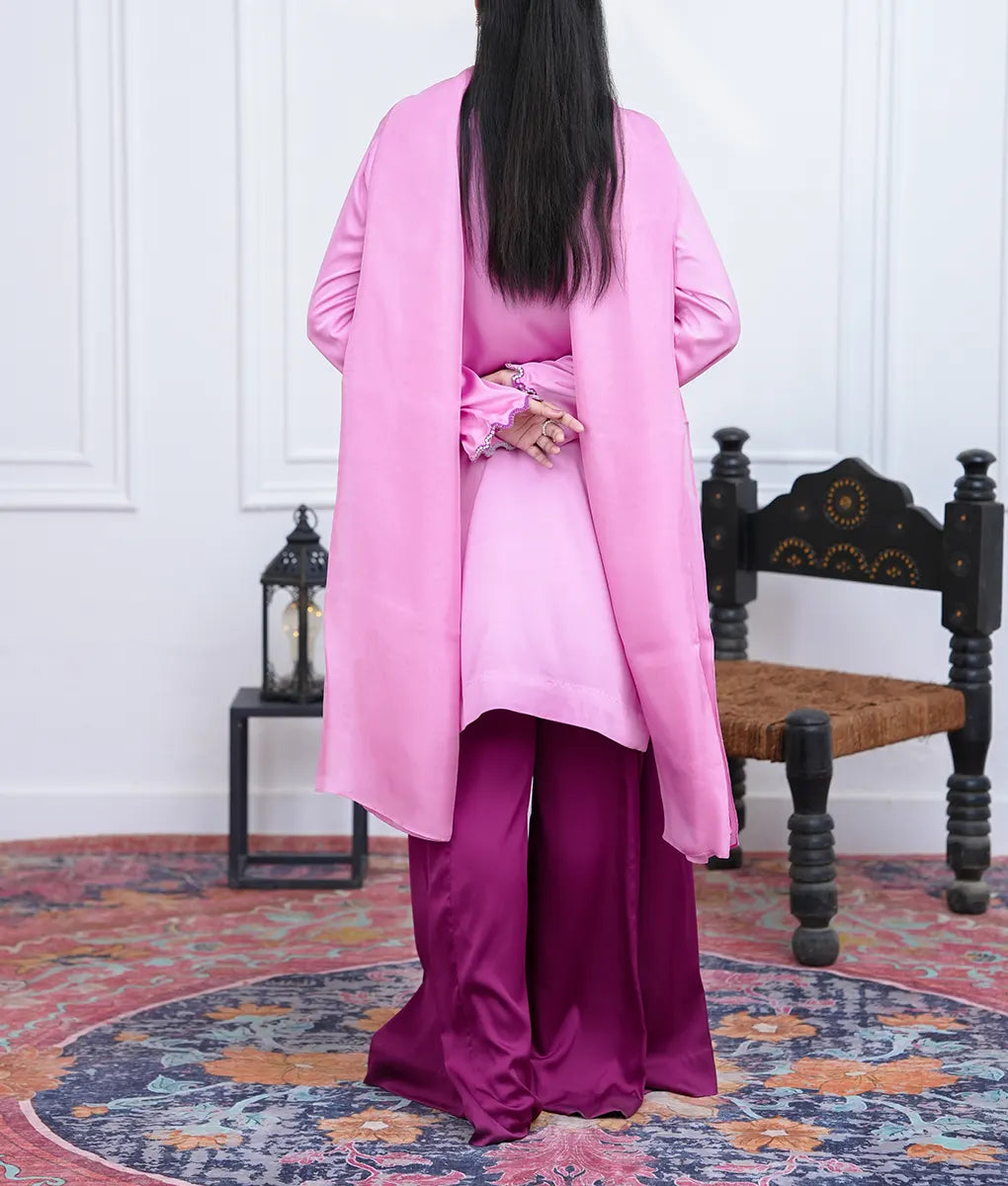 Stitched Embroidered & Embellished Shimmer Silk Suit by Winara