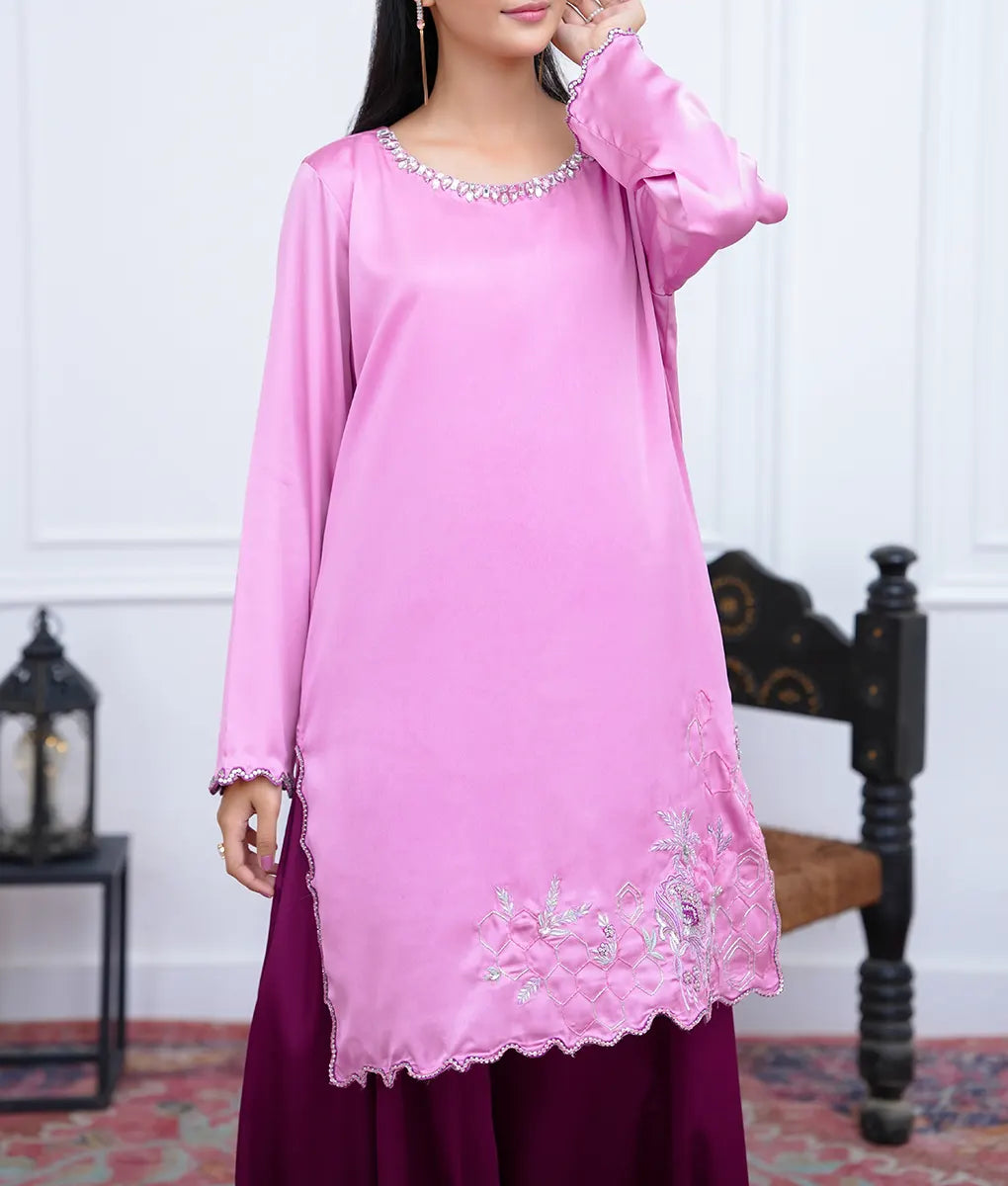 Stitched Embroidered & Embellished Shimmer Silk Suit by Winara