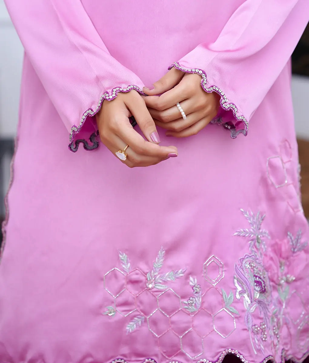 Stitched Embroidered & Embellished Shimmer Silk Suit by Winara