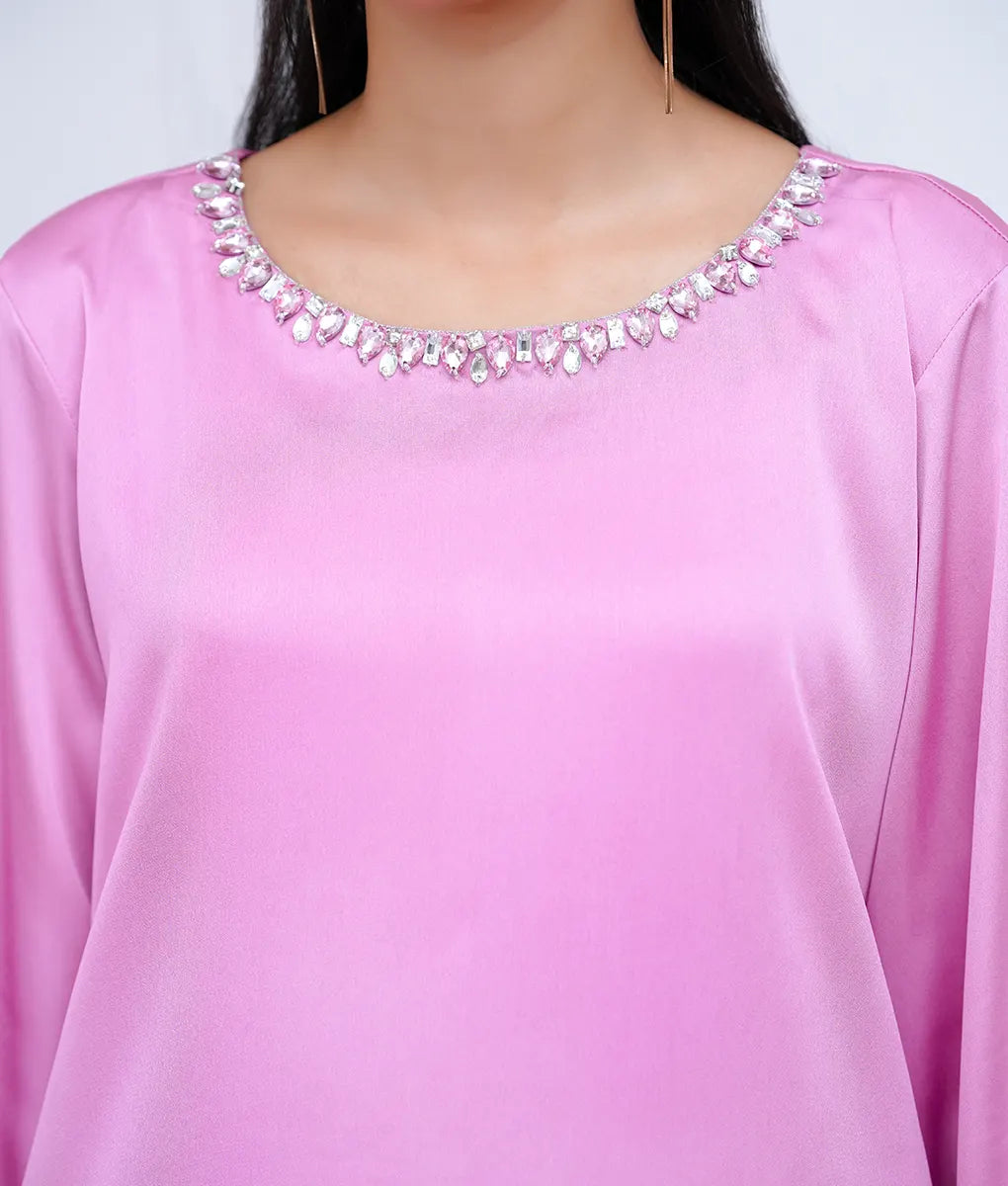 Stitched Embroidered & Embellished Shimmer Silk Suit by Winara