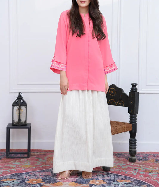 2 Piece Pink & Off-White Textured Georgette Co-Ord Set by Winara