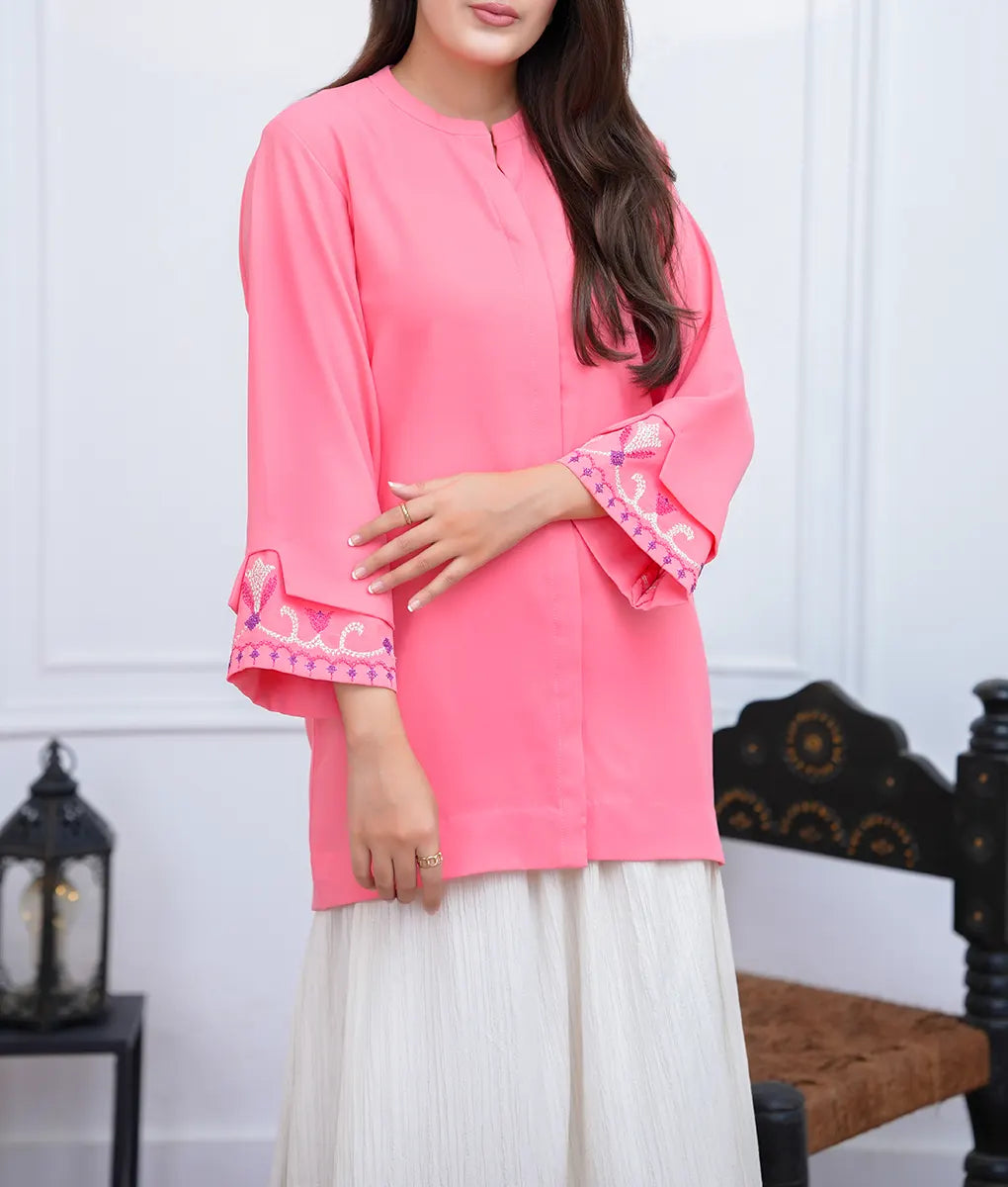 2 Piece Pink & Off-White Textured Georgette Co-Ord Set by Winara