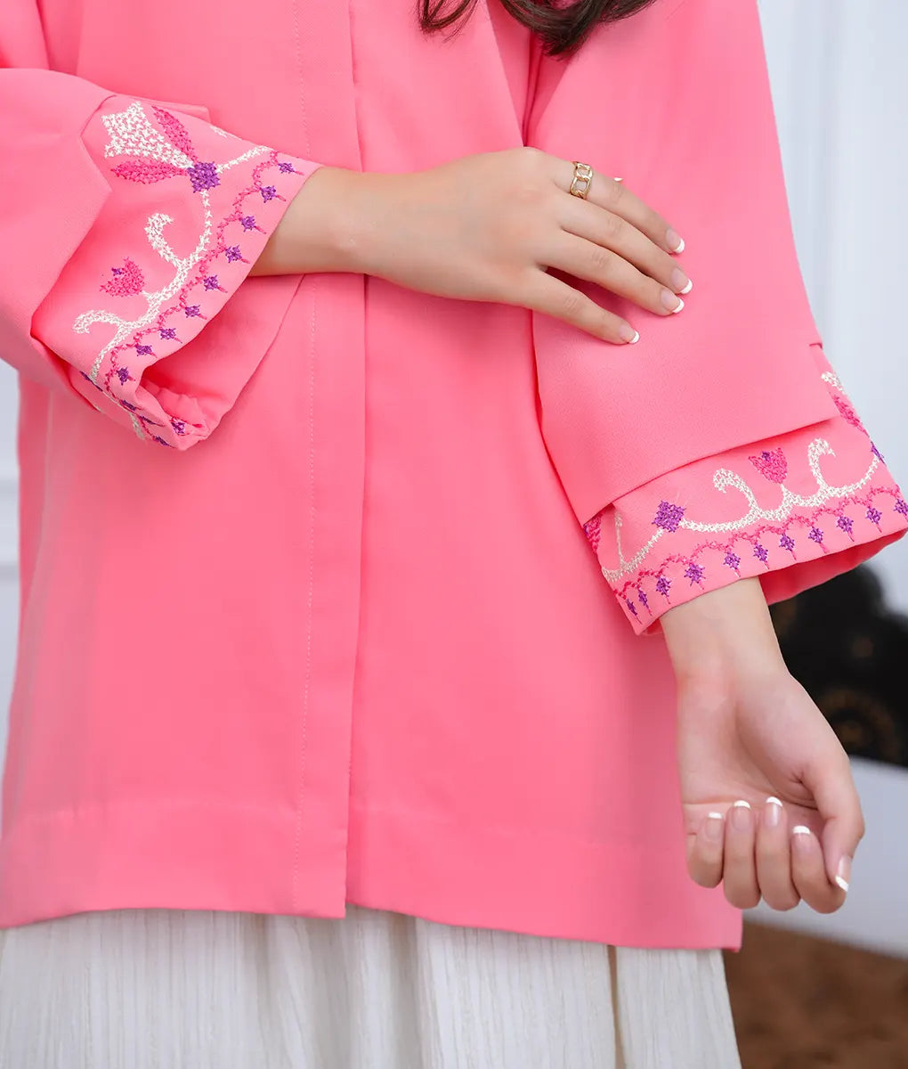 2 Piece Pink & Off-White Textured Georgette Co-Ord Set by Winara