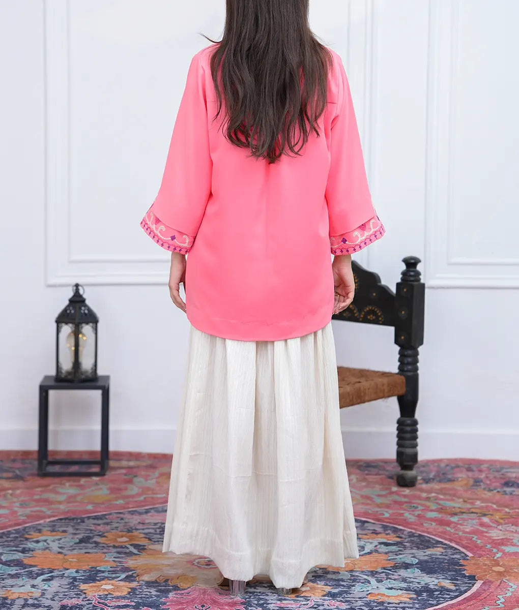 2 Piece Pink & Off-White Textured Georgette Co-Ord Set by Winara