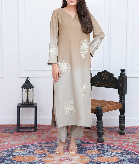 2-Piece Sand Brown Two-Tone Embroidered Georgette Suit by Winara