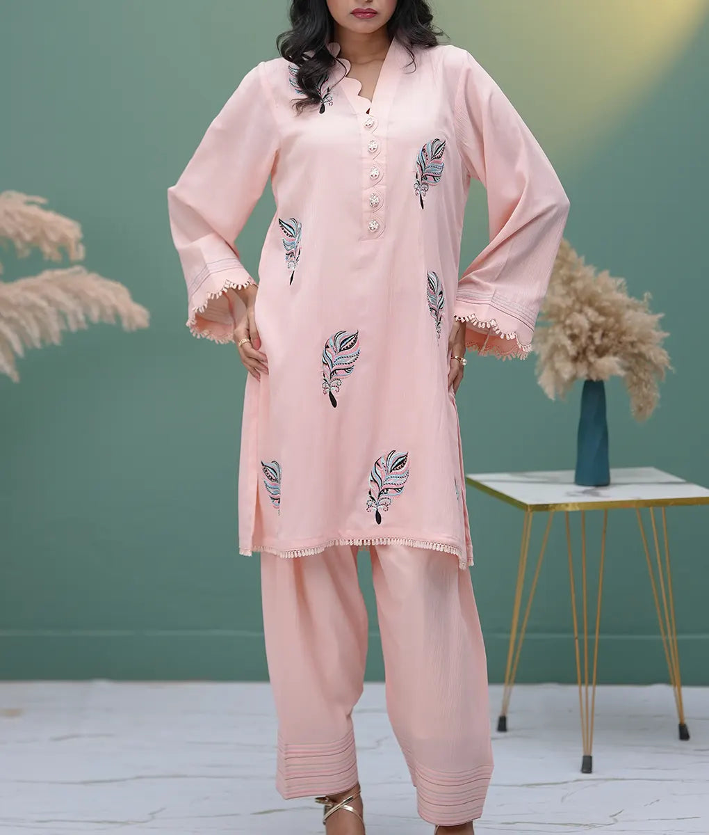 Peach Blossom Embroidered Co-ord Set By Winara