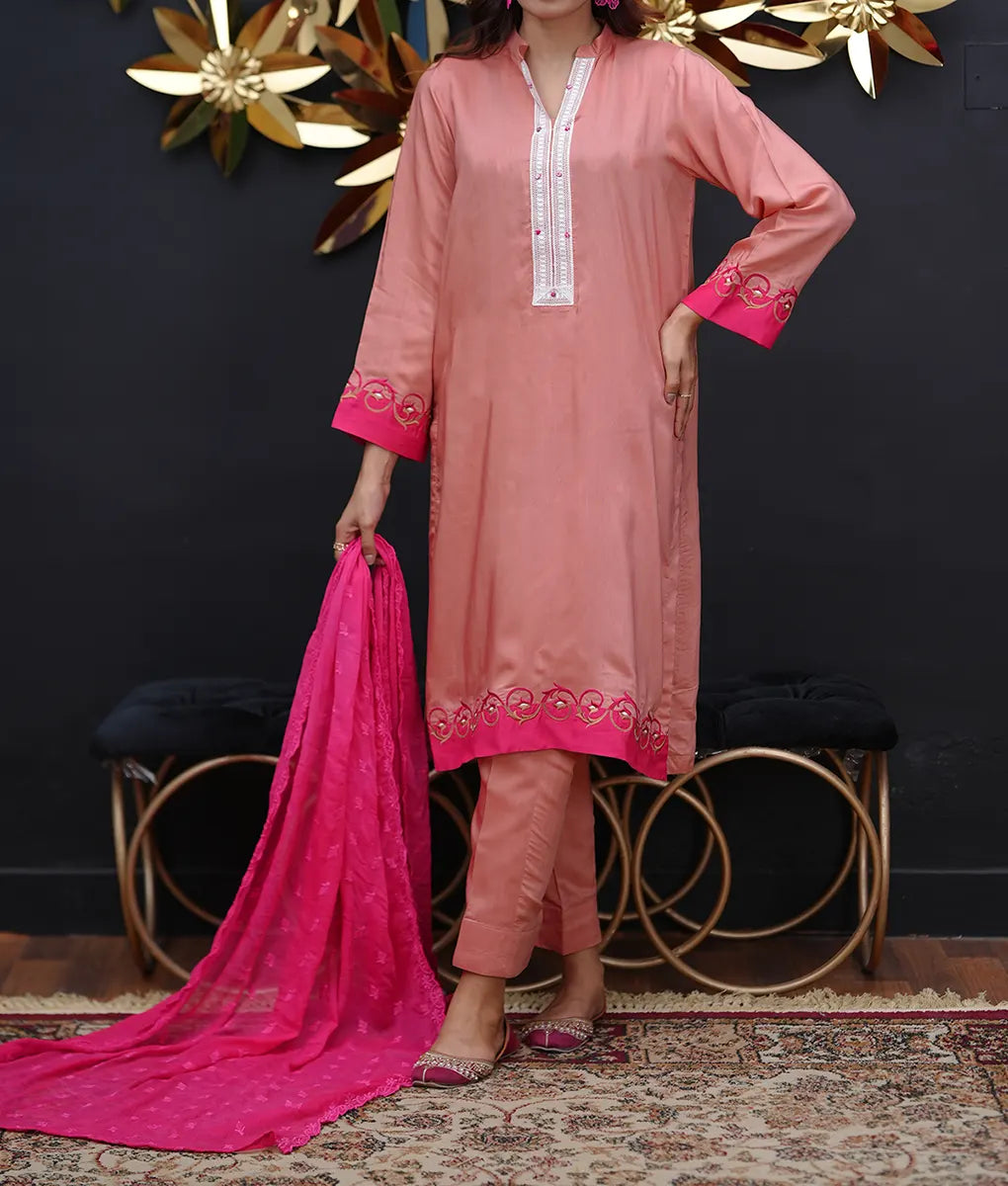 Peach Embroidered Silk Ensemble with Dupatta By Winara