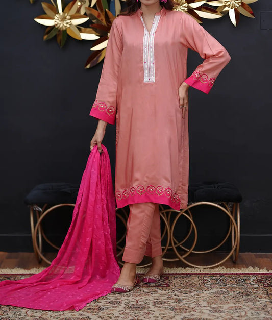 Peach Embroidered Silk Ensemble with Dupatta By Winara