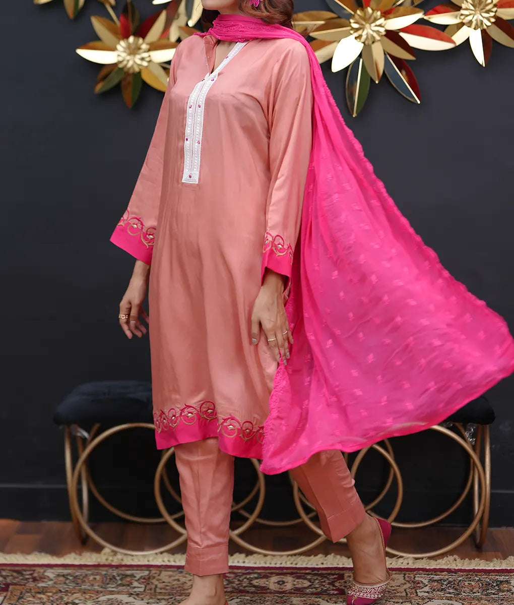Peach Embroidered Silk Ensemble with Dupatta By Winara