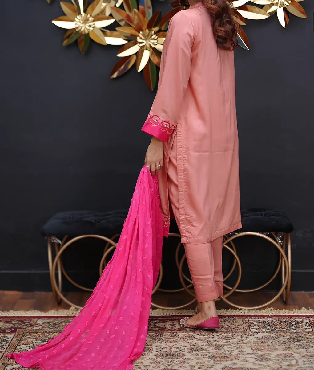 Peach Embroidered Silk Ensemble with Dupatta By Winara