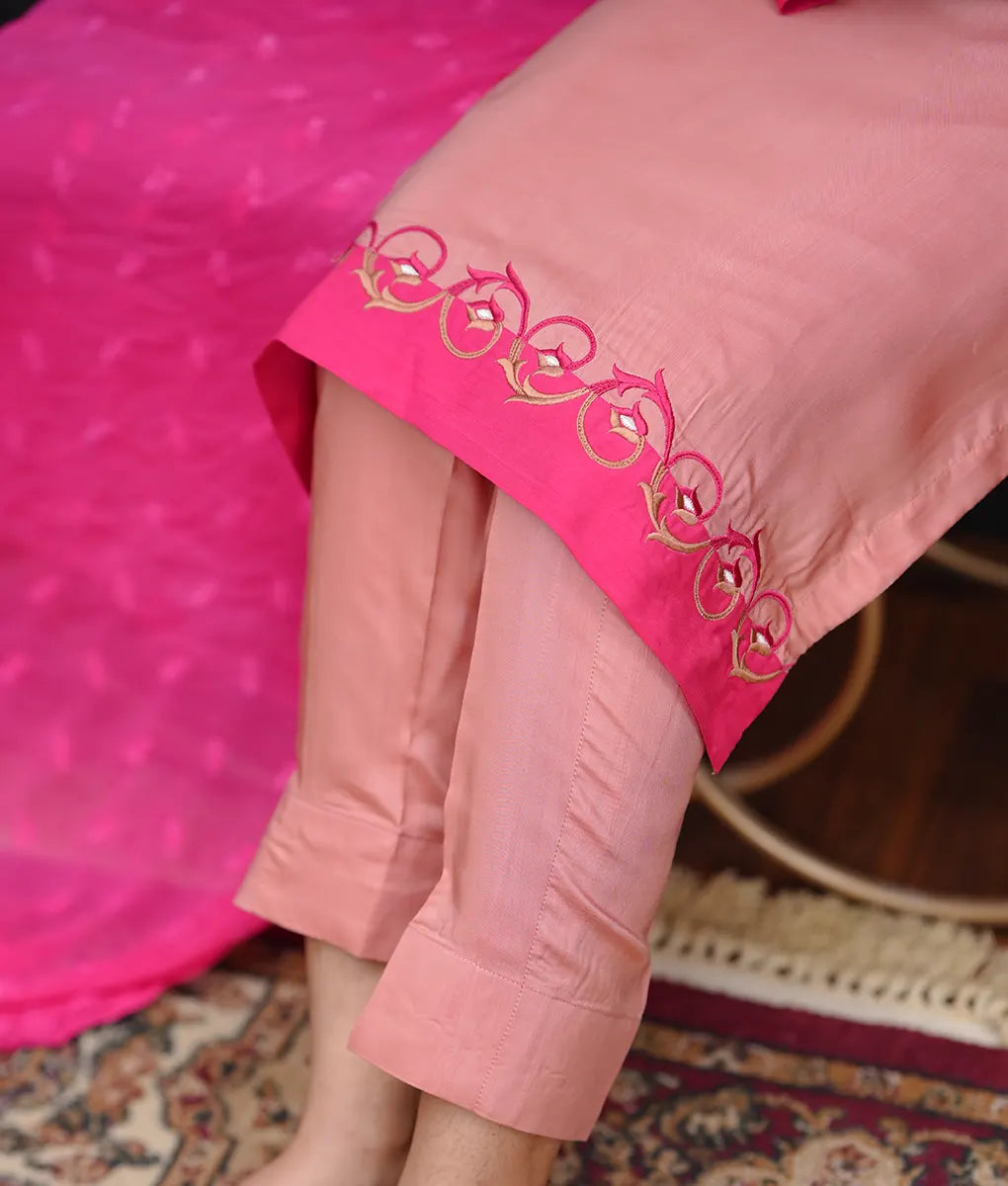 Peach Embroidered Silk Ensemble with Dupatta By Winara