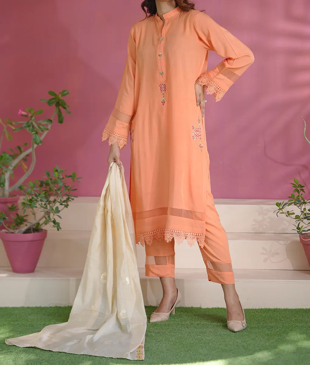 Peach Luxe Embroidered Suit with Lace By Winara