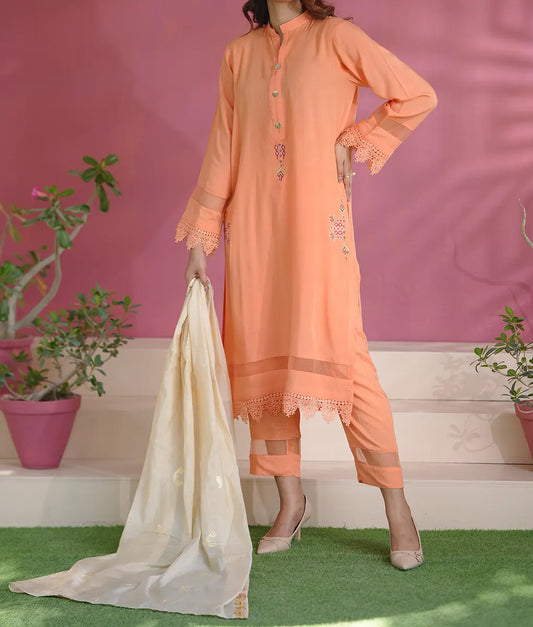 Peach Luxe Embroidered Suit with Lace By Winara