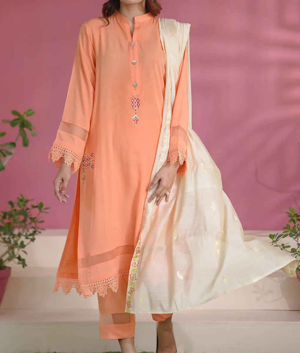 Peach Luxe Embroidered Suit with Lace By Winara