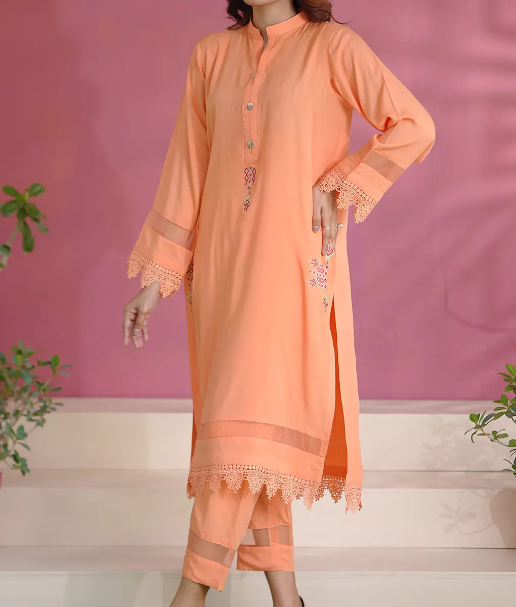 Peach Luxe Embroidered Suit with Lace By Winara