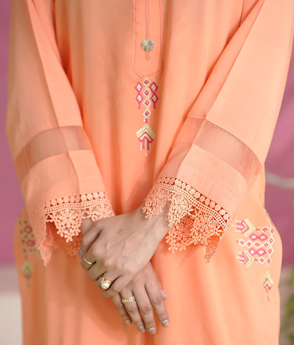 Peach Luxe Embroidered Suit with Lace By Winara