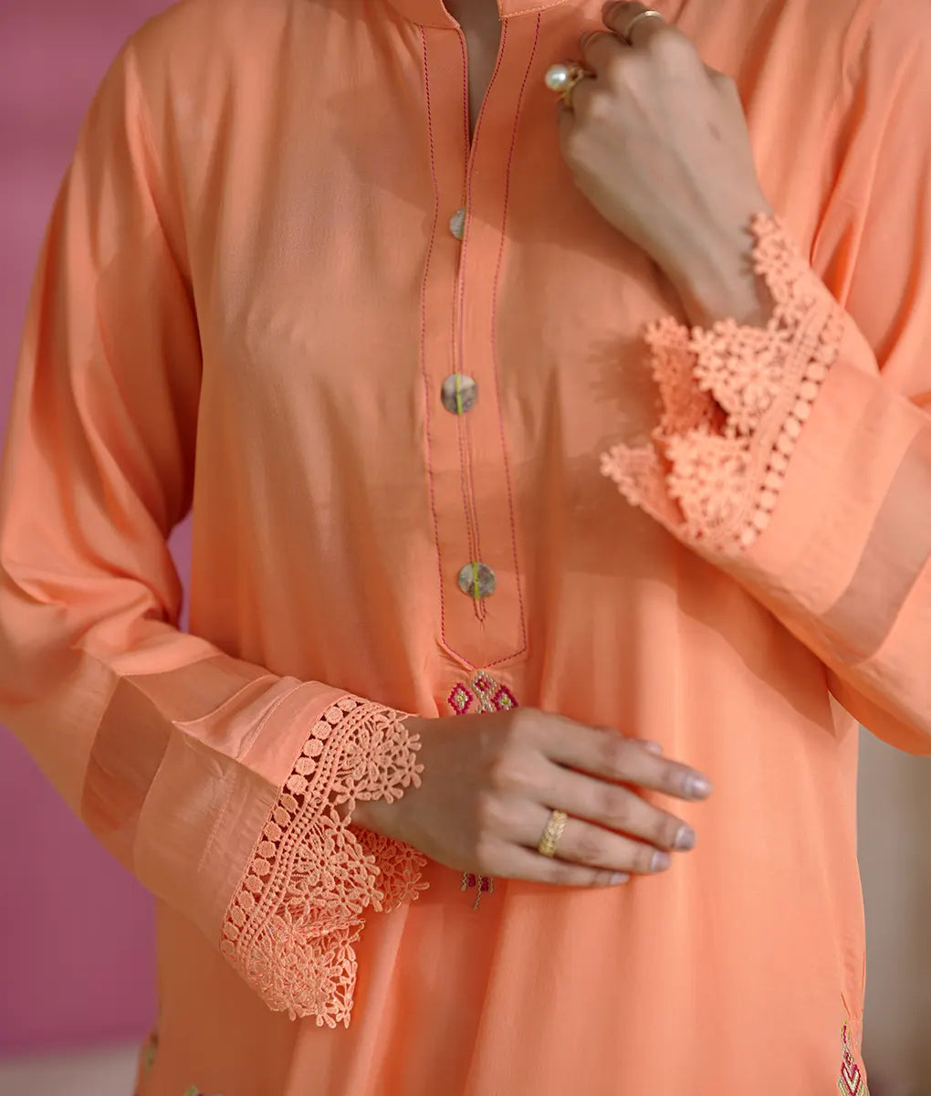 Peach Luxe Embroidered Suit with Lace By Winara