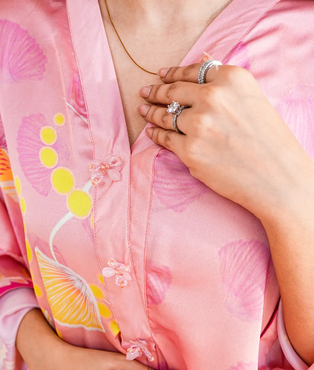 Pink Silk Kaftan with Vibrant Print by Winara