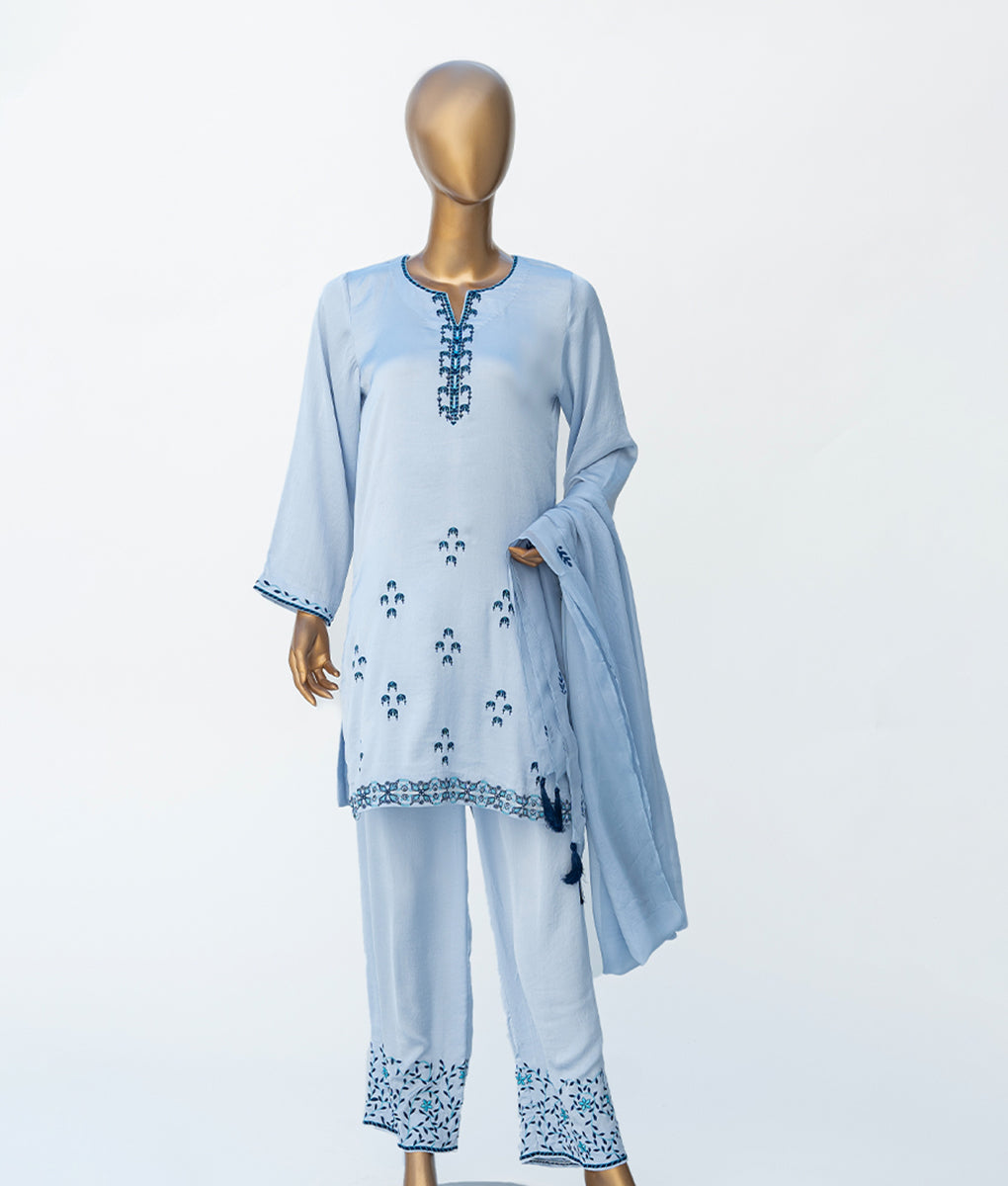 3 Piece Stitched Embroidered & Block Printed Butter Silk Suit by Winara